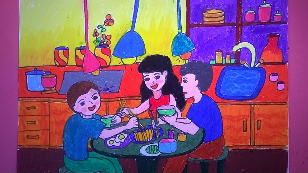 Tranh vẽ đề tài gia đình trong bữa cơm quây quần