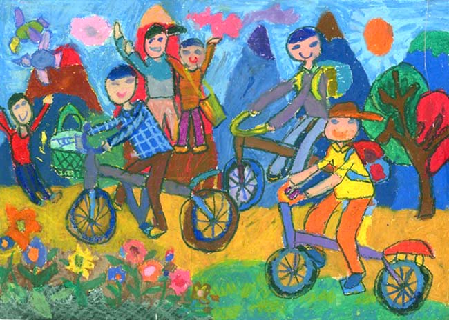 Tranh vẽ đạp xe đến trường